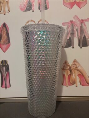 Iridescent Silver Textured Travel Tumbler with Straw